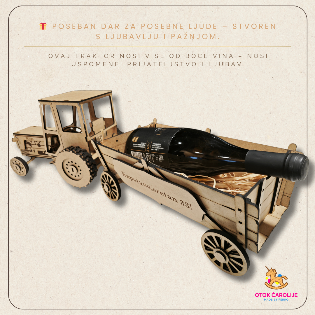 🚜 Drveni traktor s prikolicom za bocu vina – poklon koji nosi uspomene 🍷