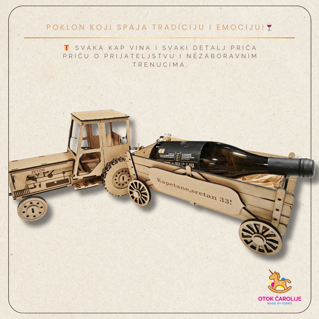 🚜 Drveni traktor s prikolicom za bocu vina – poklon koji nosi uspomene 🍷