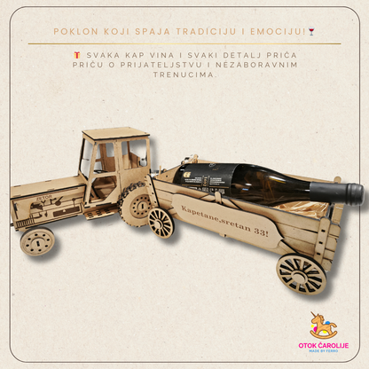 🚜 Drveni traktor s prikolicom za bocu vina – poklon koji nosi uspomene 🍷